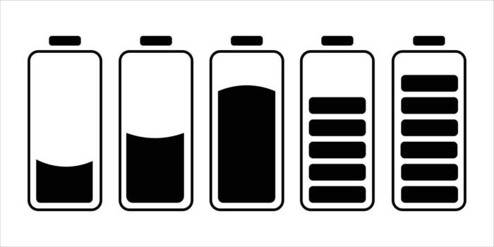 Battery charge level icons showing energy status from low to full power for app or website design vector