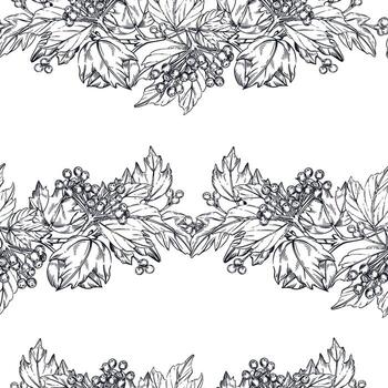 Seamless pattern of viburnum berries and leaves, viburnum shrub branches. All objects are hand-drawn with ink. Illustration suitable for printing on fabric, tableware, product labels. vector