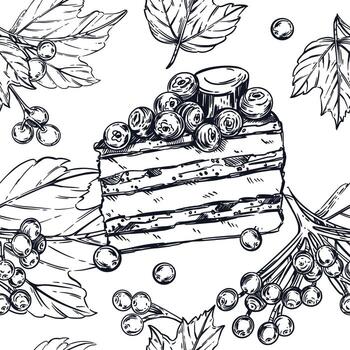 Seamless pattern of sweets and berries, a piece of cake with viburnum berries, a branch of viburnum, leaves, all objects are hand-drawn with ink. Illustration is suitable for printing, design. vector