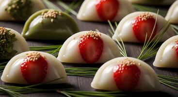 Artfully Arranged Strawberry and Green Tea Mochi Dessert photo