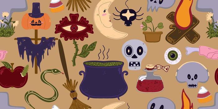 a pattern with various halloween items vector