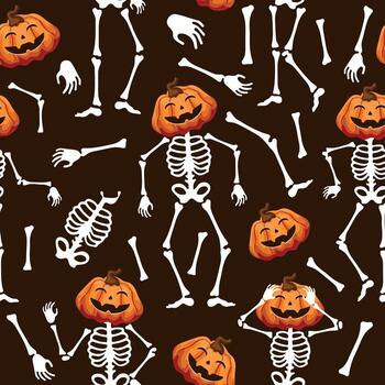 seamless pattern of dancing skeletons made of bones with Halloween smiling pumpkins instead of heads in different poses on a brown background, decor for the Halloween holiday vector