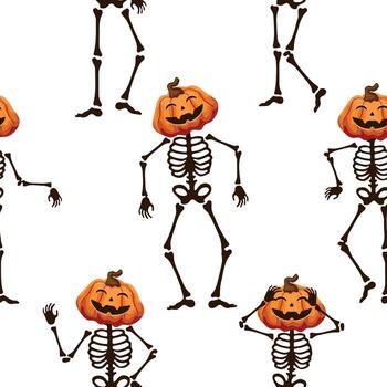 pattern of dancing skeletons made of bones with Halloween smiling pumpkins instead of heads in different poses, decor for Halloween vector