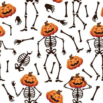 seamless pattern of dancing skeletons made of bones with Halloween smiling pumpkins instead of heads in different poses, decor for the Halloween holiday vector