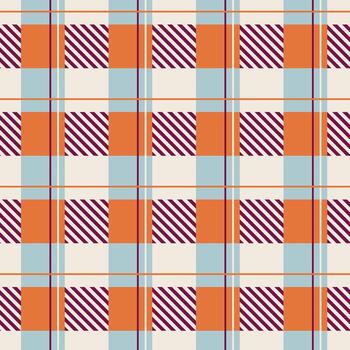 Abstract gingham seamless pattern. Checkered fabric texture in orange, purple, blue. Mosaic grid style background. Tartan style print resembling festive plaid. vector