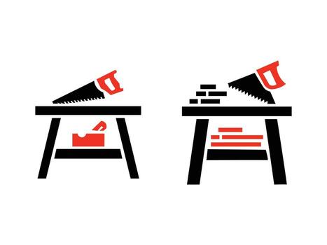 Setup with saw and lumber on workbench, crafting concept vector