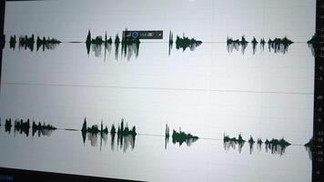 proceso de edición audio olas en pantalla por ajustando y creciente el ganar, representando sonido diseño, música producción, y audio edición. video