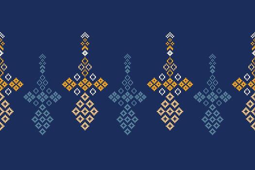Cross stitch with ethnic pattern with blue fabric cloth scarf design art pixel abstract. vector