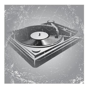 illustration in retro style with DJ console on gray background with scratches vector