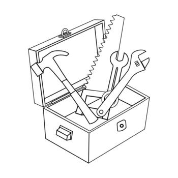Outline illustration of an open toolbox containing hammer, wrench, and saw. Simple black and white design suitable for repair, construction, DIY, and maintenance concepts. vector