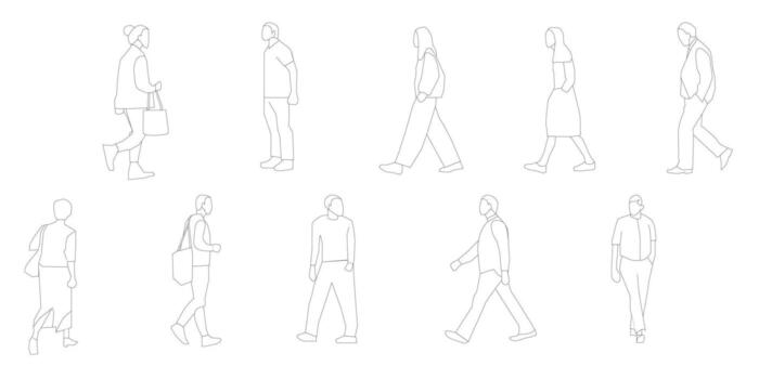 people outlines standing walking talking in front back and side view vector