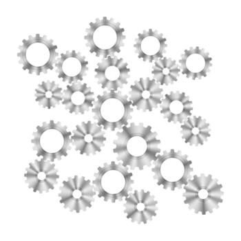 Techno Background with Geometric Gear Wheels Icon. Machinery Logo. Mechanism Cog Concept. Technologic Mechanical Cogwheel Tool. Teamwork Symbol. Grey Part of Transmission. vector