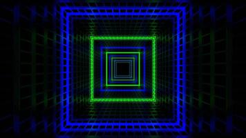 grön och blå rörelse av ljus genom rutnät tunnel bakgrund vj slinga i 4k video