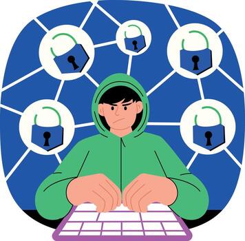A flat style illustration showing hacker vector