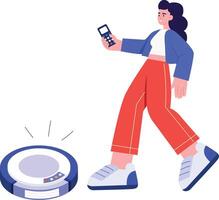 A woman is walking near a robot vacuum cleaner vector