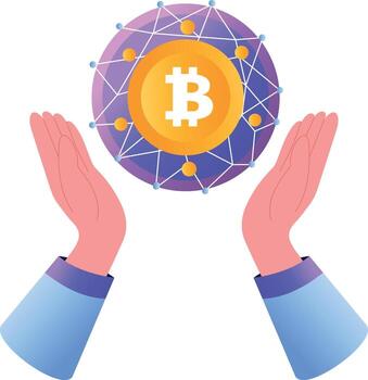 Hands holding Bitcoin symbol graphic vector
