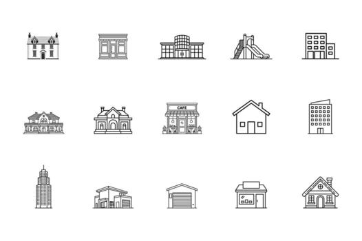 Diverse Building and Architecture Icons Featuring Residential Commercial and Recreational Structures vector