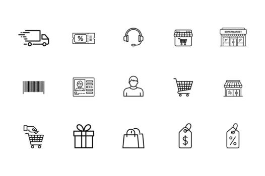 E-commerce Line Icons A set of 16 minimalist line icons representing key aspects of e-commerce, including delivery, payment, customer service, online stores, and shopping. vector