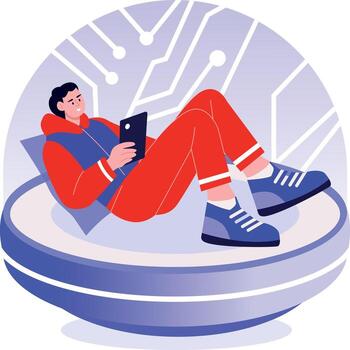 A man in red pants and red shoes is sitting on a chair and using a tablet vector