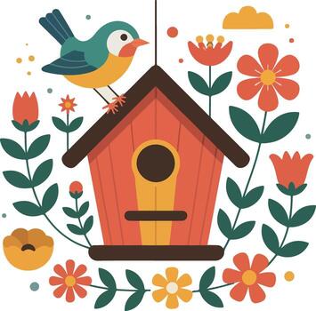 Birds in a nest on a tree in a garden with birdhouse and flowers vector