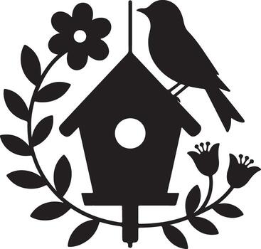 Cozy birdhouse on a tree branch in a garden with birds and nest vector