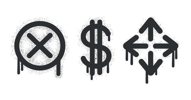 Graffiti Style Icons Set Featuring a Cross, Dollar Sign, and Arrows with Dripping Paint Effect on White Backdrop vector