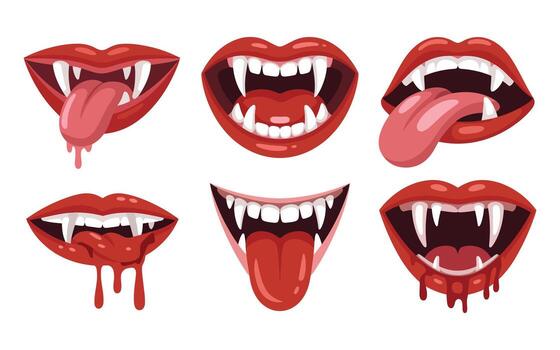 Cartoon Vampire Mouths Set with Fangs and Tongue Expressions on White Background for Graphic Design vector