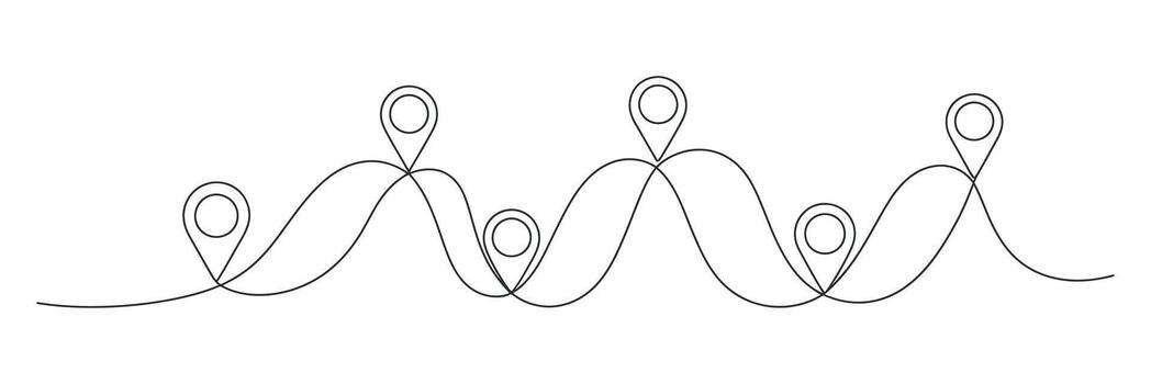 Continuous Line Illustration of a Winding Road with Location Markers Representing a Scenic Route Design vector