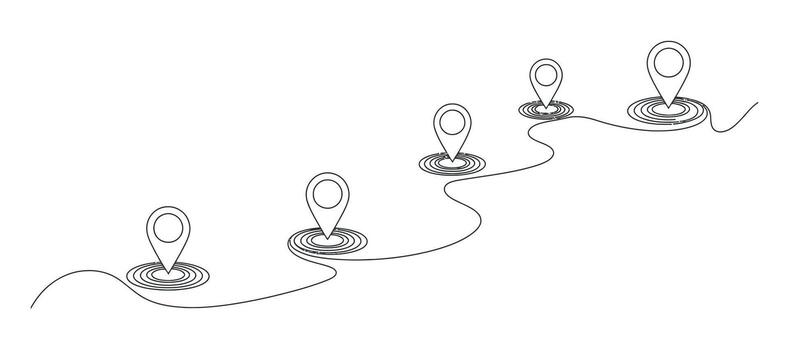 Continuous Line Drawing of Route with Location Pins for Navigation and Travel Concepts on White Background vector