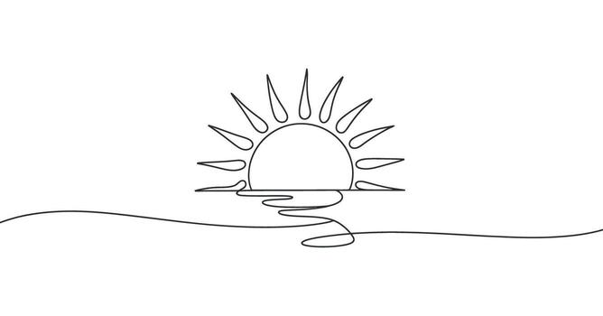Continuous Line Drawing of Sun Setting Over Water - Simple Illustration on Transparent Background vector