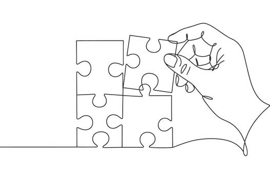 Continuous Line Drawing of Hand Assembling Jigsaw Puzzle Pieces - Teamwork and Problem Solving Concept Art vector
