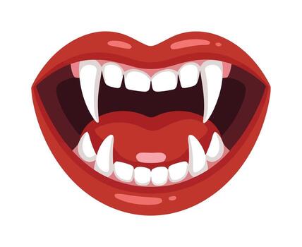 Cartoon Vampire Mouth Illustration with Sharp Fangs and Red Lips on White Background for Design vector