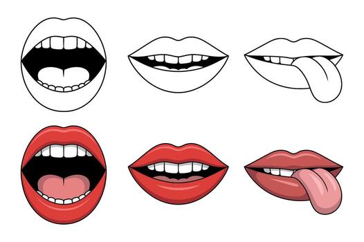 Expressive Mouth Illustrations Set with Open, Closed, and Tongue-Out Poses on Transparent Background for Design Projects vector