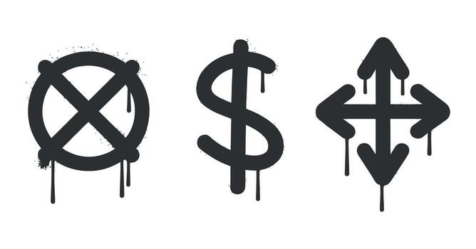 Urban Graffiti Style Set Featuring Circle with Cross, Dollar Sign, and Arrows with Dripping Paint Effect vector