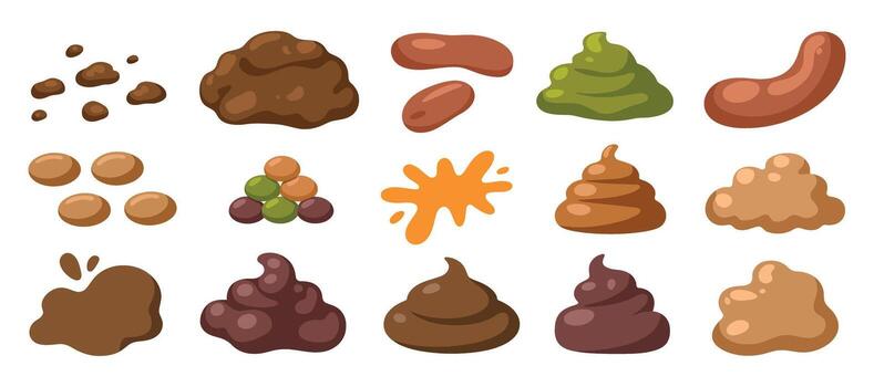 Collection of Cartoon Style Poop Illustrations with Various Shapes, Colors, and Textures on Transparent Backdrop vector