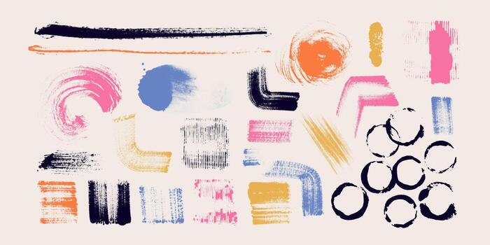 Collection of colorful hand drawn brush strokes, different textures, shapes. Rough lines, grunge marks, spots, bold strokes, swirls, splashes, stamps, abstract painted elements. Halftone effect vector