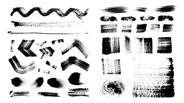 Collection of black hand drawn brush strokes, different textures and shapes. Rough lines, grunge marks, spots, bold strokes, swirls, splashes abstract painted elements. Halftone effect. vector