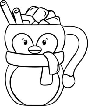 funny New Year's mug in the shape of a penguin, cocoa with marshmallows and cinnamon, cozy Christmas drink, simple black and white icon, doodle and sketch style vector