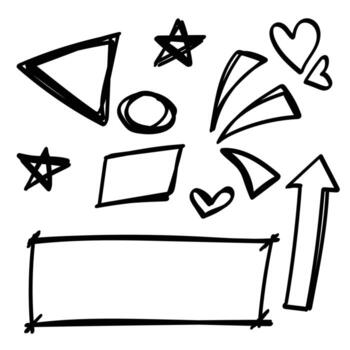 Collection line doodles includes a triangle, rectangle, stars, hearts, and arrows with a playful isolated on a white background. vector