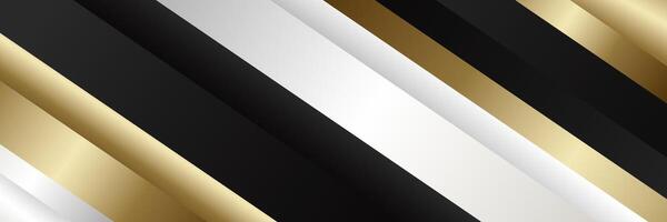 Abstract luxury background with black, white, and gold metallic stripes. Elegant diagonal design for web banners, headers, sale templates, business ads, awards, and more vector