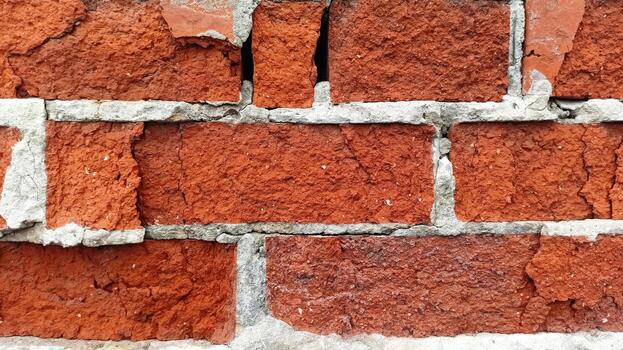 Detailed CloseUp View of a Textured Red Brick Wall Featuring WellDefined Mortar Joints photo