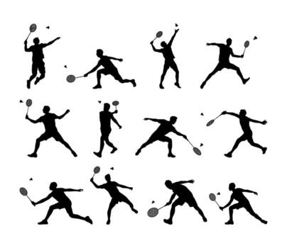 silhouettes of badminton players performing various dynamic actions vector