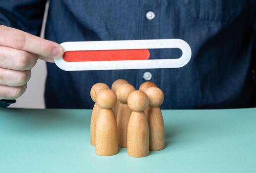 Progress bar over a crowd of people. Team efficiency indicator. Team member occupancy. Progress of work completion. Goal achievement. Workplace control. Efficiency analysis. Business processes. photo