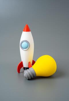 Rocket and light bulb. Concept of ideas and technologies. Startup development, innovation launch, new project, tech breakthrough, bringing creative ideas to life photo