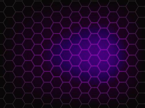 Abstract glowing hexagon pattern with purple gradient light in the center on a dark background. Futuristic geometric design for modern digital and tech concepts. vector