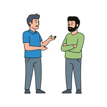 Illustration of two individuals having a relaxed discussion, one gesturing while the other listens attentively. Ideal for concepts of communication, understanding, and interaction vector