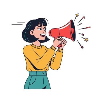 Cartoon character of a young woman enthusiastically making an announcement or statement using a megaphone, emitting rays of expression vector