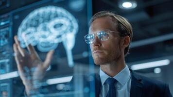 empresario tecnología artificial inteligencia cerebro innovación digital interfaz atención moderno video