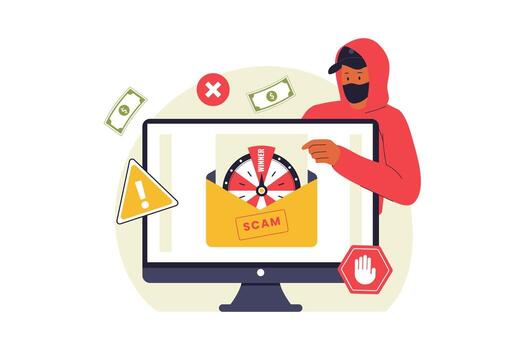 Person pointing at scam warning on computer screen vector