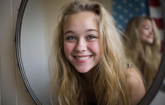 Smiling girl reflects confidence in a mirror, capturing joy and positivity in a serene environment photo